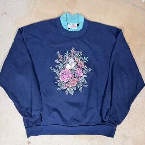 vintage Morning Sun Womens Blue Mock Neck Floral Bird Sweatshirt Size L